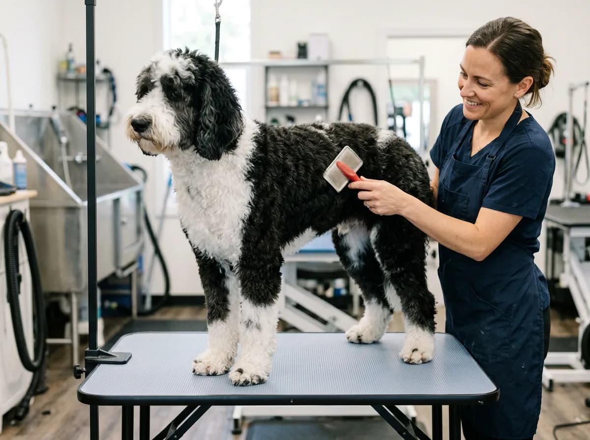 A groomer brushing a black and white Sheepadoodle standing on a salon grooming table