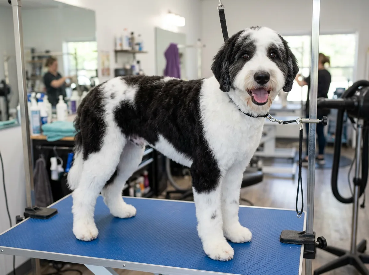 Black and white Sheepadoodle clipped short standing on a blue grooming table, mouth open and panting