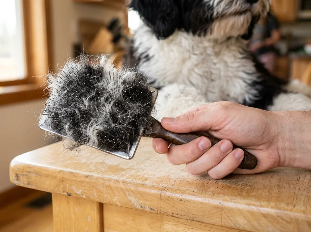Hand holding a slicker brush packed with loose black and white shed dog hair