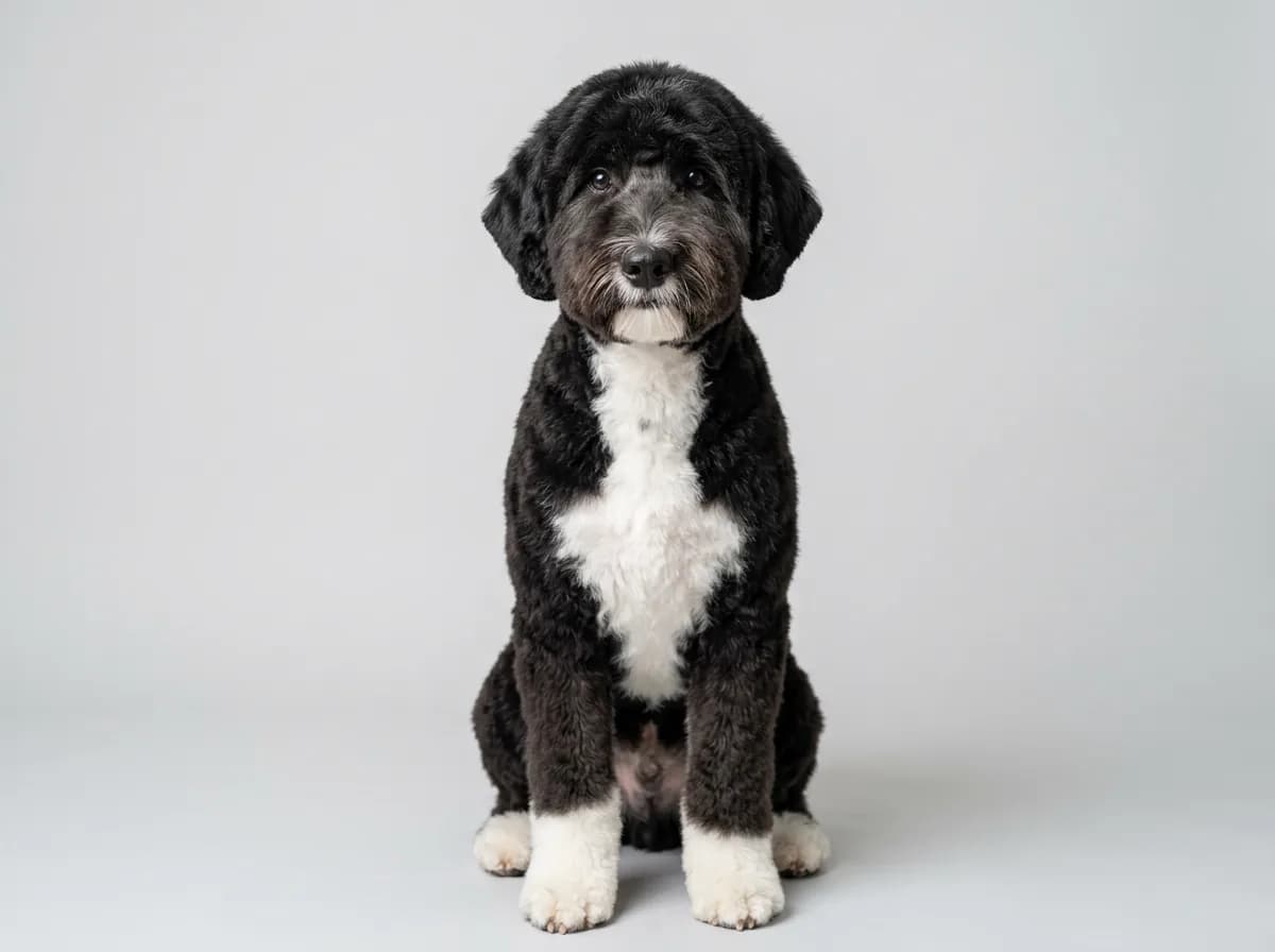Freshly groomed black and white Sheepadoodle in a teddy bear cut sitting facing camera