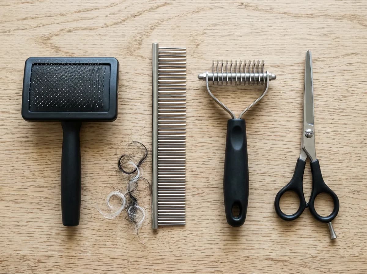 Slicker brush, steel comb, dematting rake and grooming shears laid out on light oak