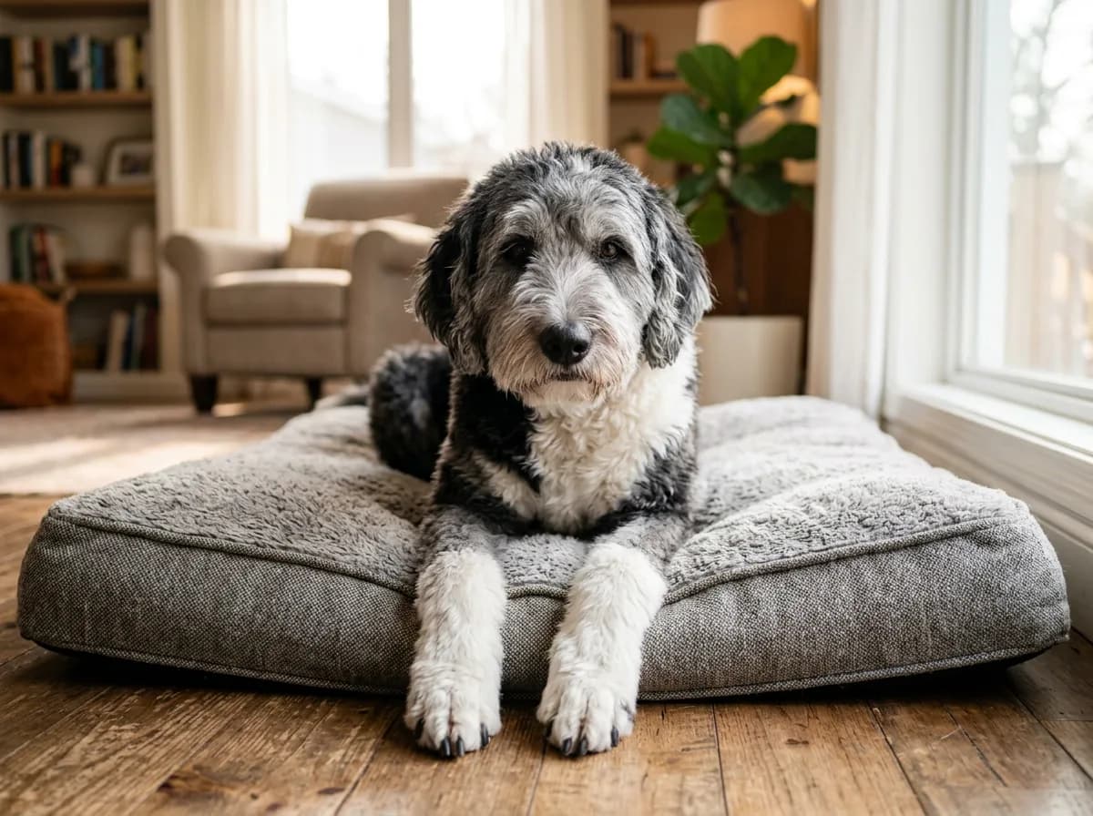 Grey muzzled senior Sheepadoodle resting calmly on a plush floor bed beside a sunlit window