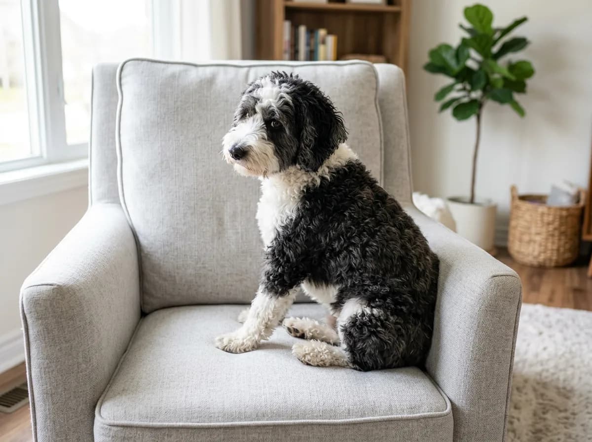 Small Mini Sheepadoodle sitting upright on a pale grey fabric armchair beside a window