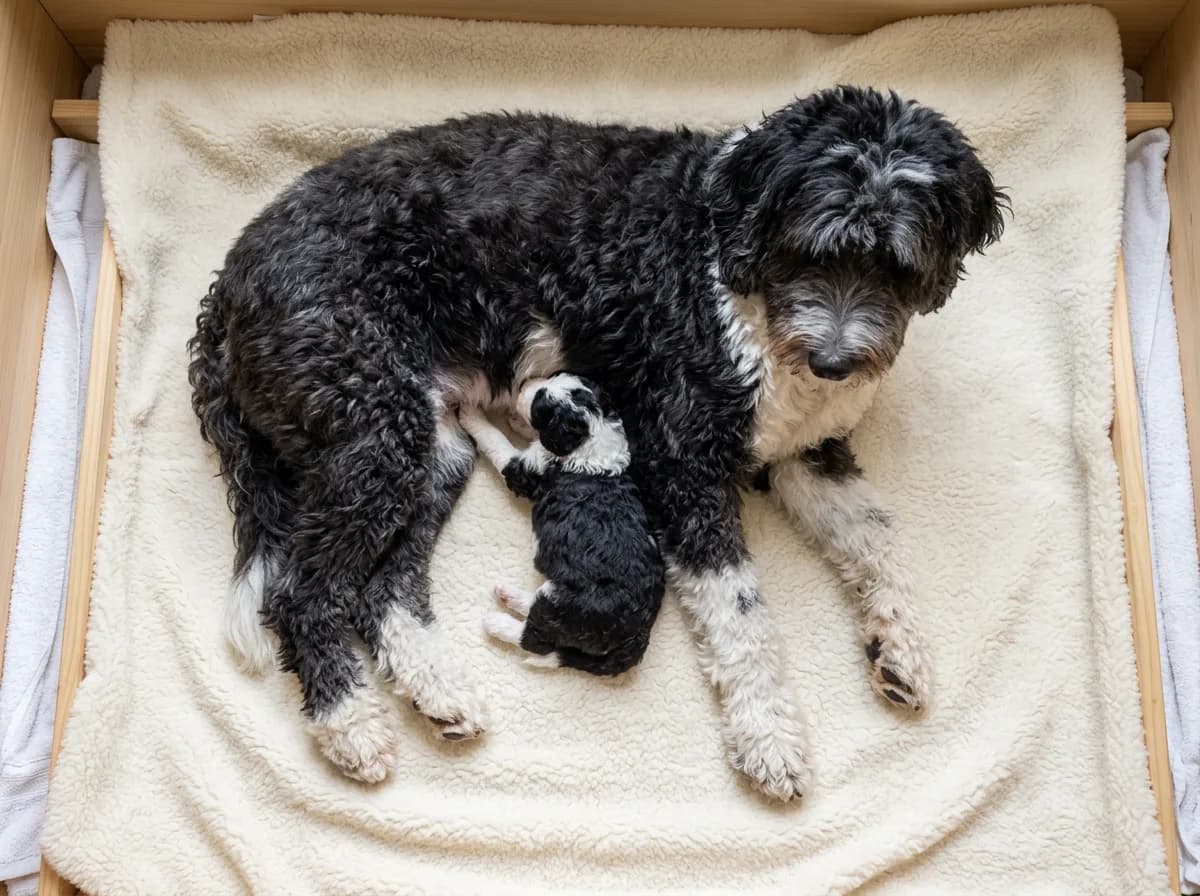 Sheepadoodle mother lying on a cream blanket with one black puppy nursing against her