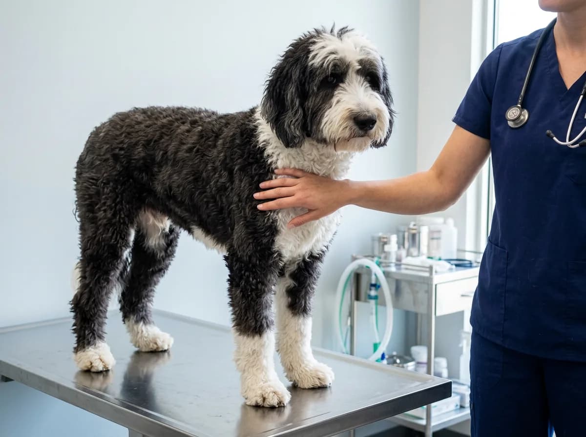 Sheepadoodle standing calmly on a stainless steel exam table beside a vet in scrubs