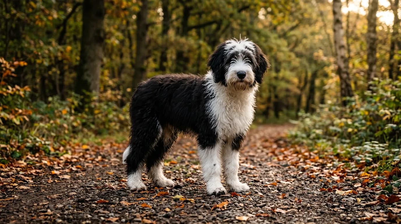 Young black and white Sheepadoodle standing on a leaf strewn woodland gravel path