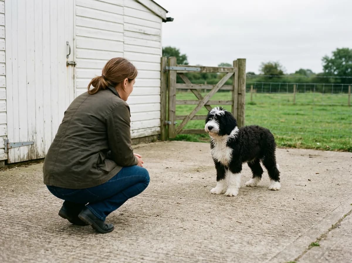 Woman crouching on a concrete farm yard facing a standing black and white Sheepadoodle puppy
