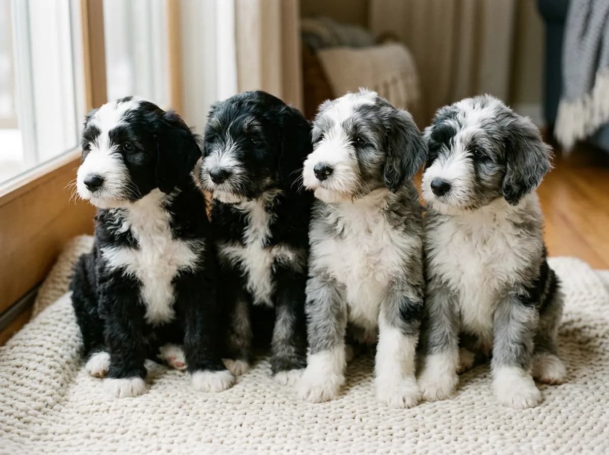 Four puppies sitting in a row on a cream knit blanket, two black and white, two grey