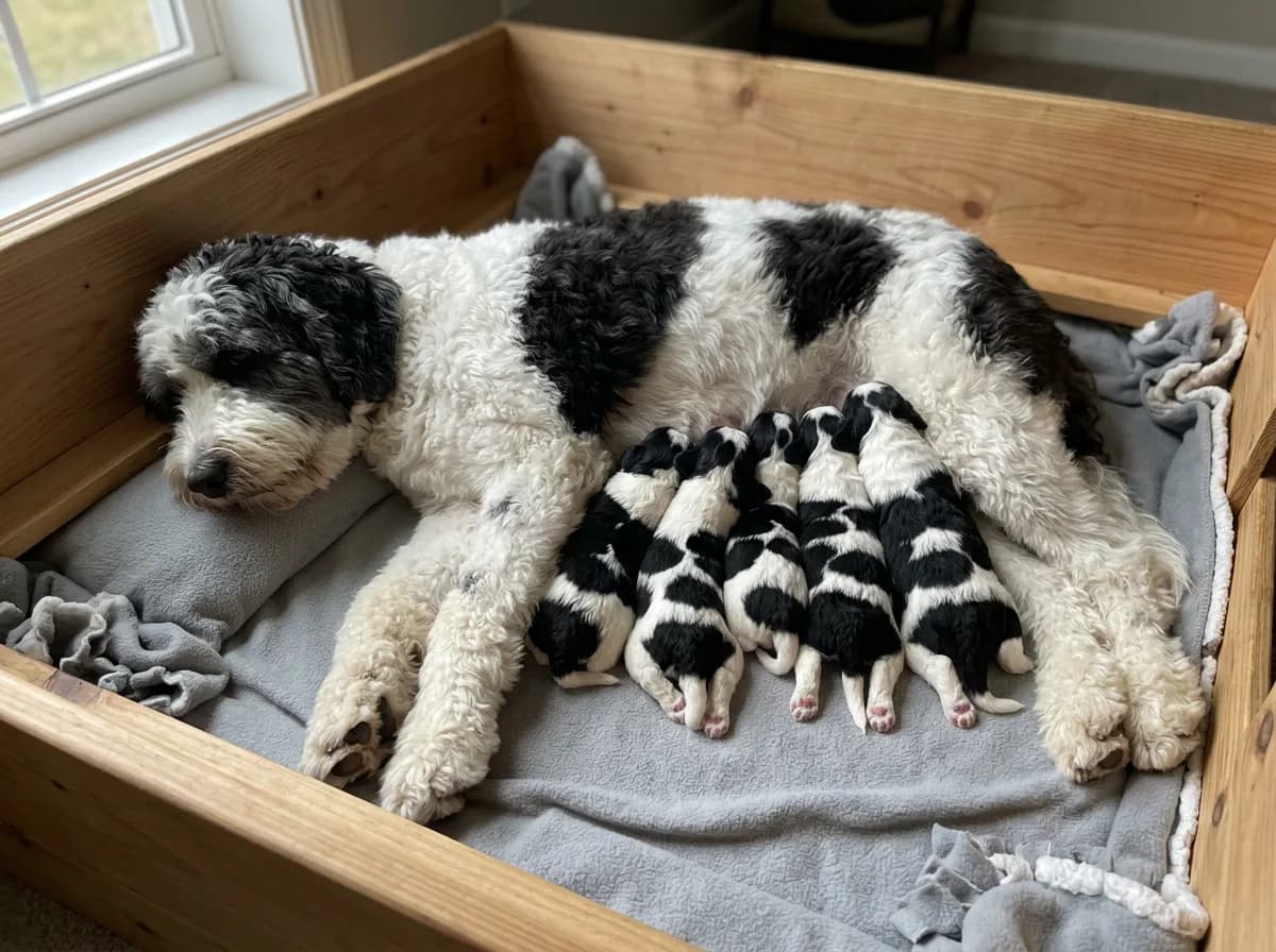 Mother dog resting in a wooden whelping box while five black and white newborn puppies nurse on fleece