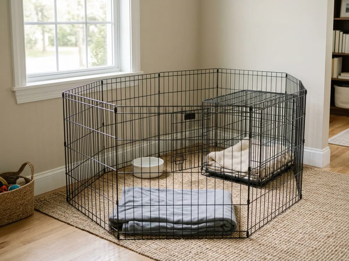Wire puppy playpen enclosing a crate, folded blanket and water bowl on a jute rug