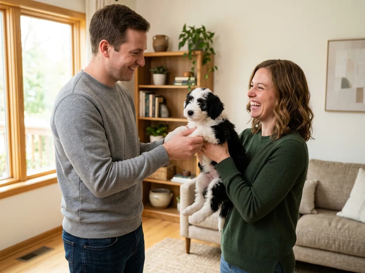 Smiling couple holding a black and white Sheepadoodle puppy together in a bright living room