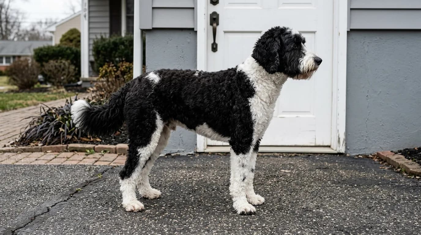 Adult black and white curly-coated dog standing in profile on a driveway before a white door