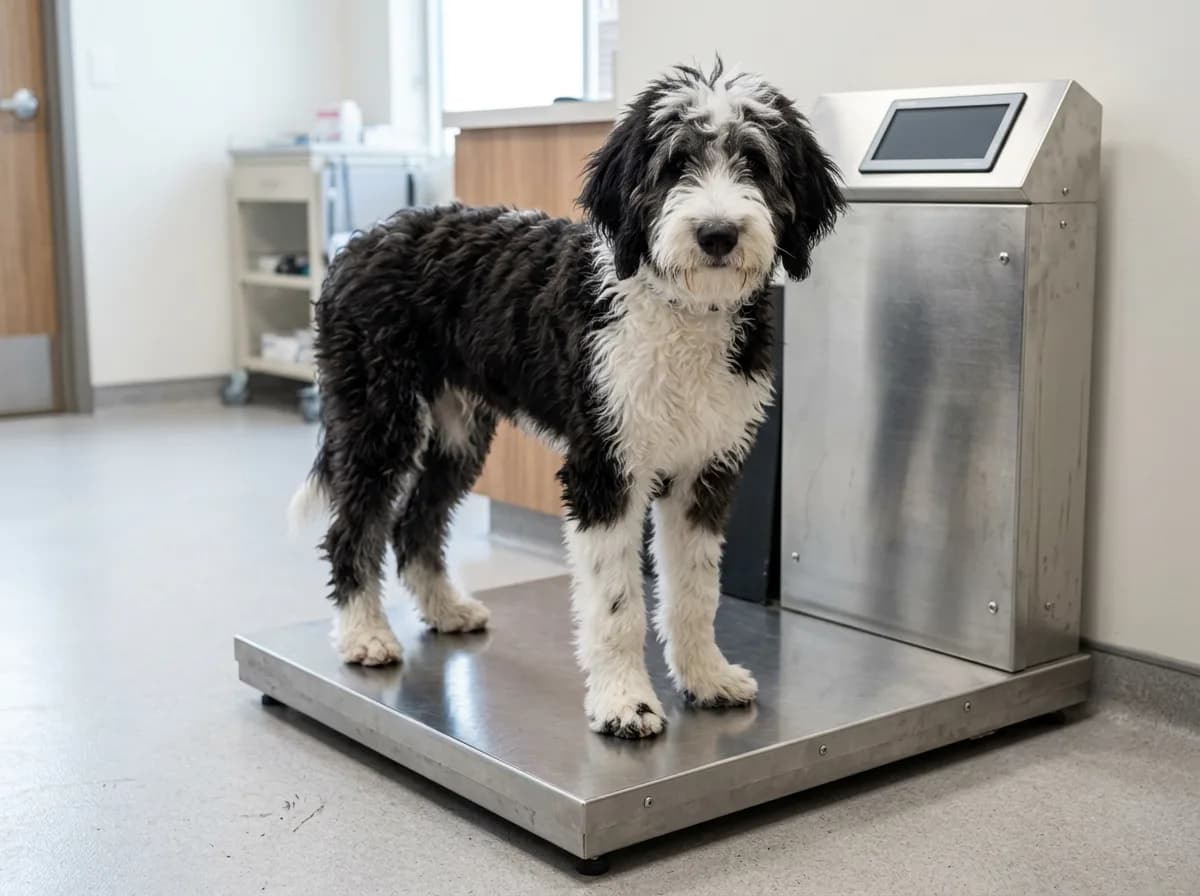Adolescent black and white Sheepadoodle standing on a stainless steel floor scale in a clinic