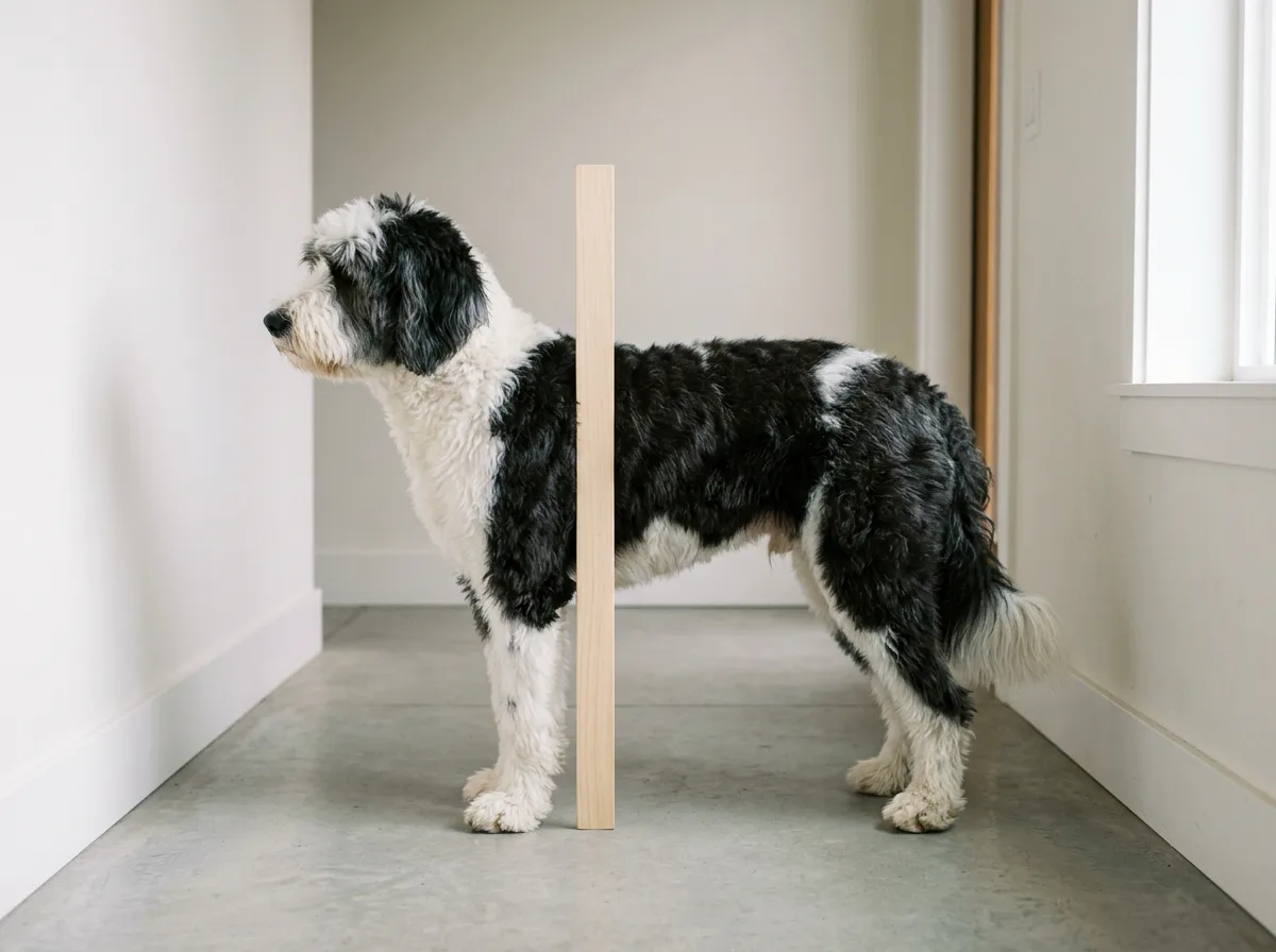 Black and white Sheepadoodle standing in profile beside a plain wooden measuring stick indoors