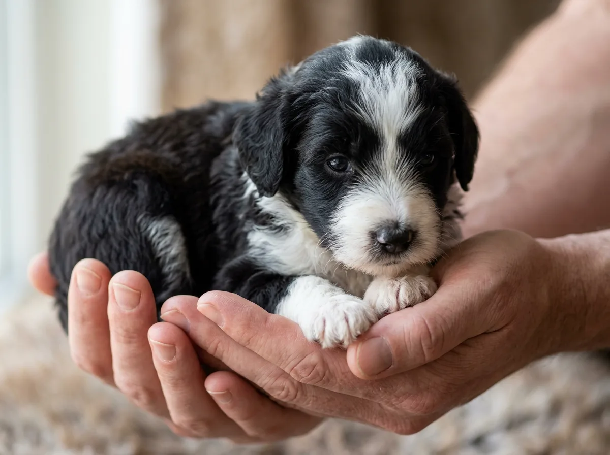 Tiny black and white Sheepadoodle puppy resting quietly in a pair of cupped adult hands