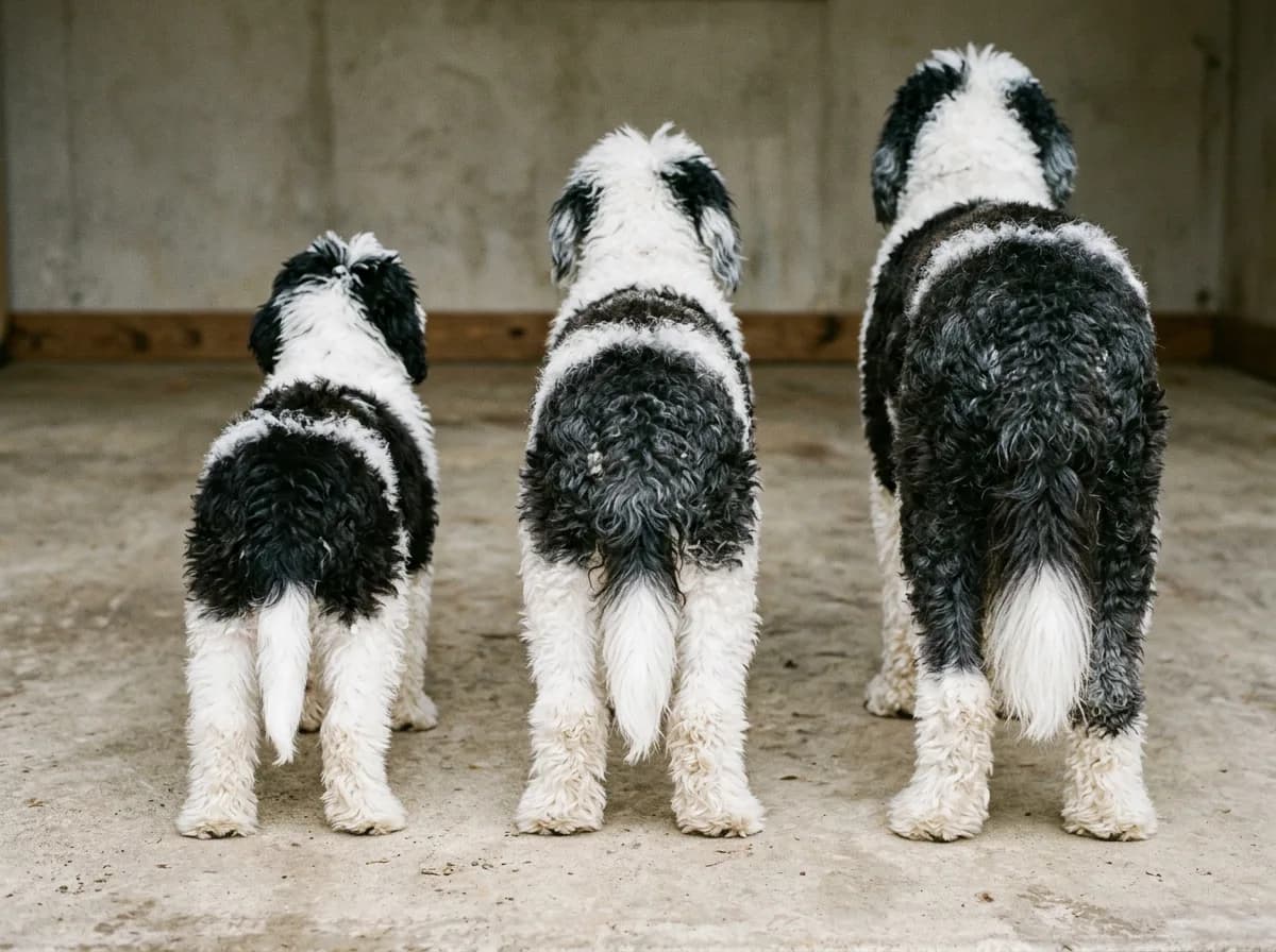 Three black and white Sheepadoodles of small, medium and large size standing in a row, seen from behind