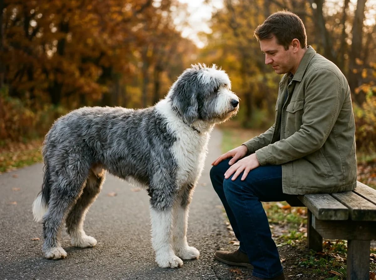 Large grey and white Sheepadoodle standing beside a man seated on a park bench