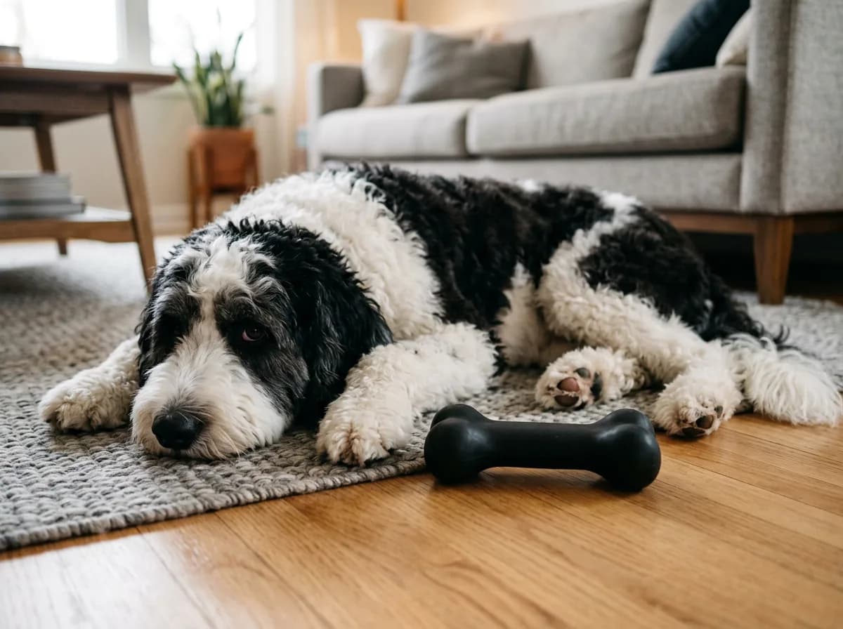 Black and white Sheepadoodle lying on a living room rug beside a plain black rubber chew bone