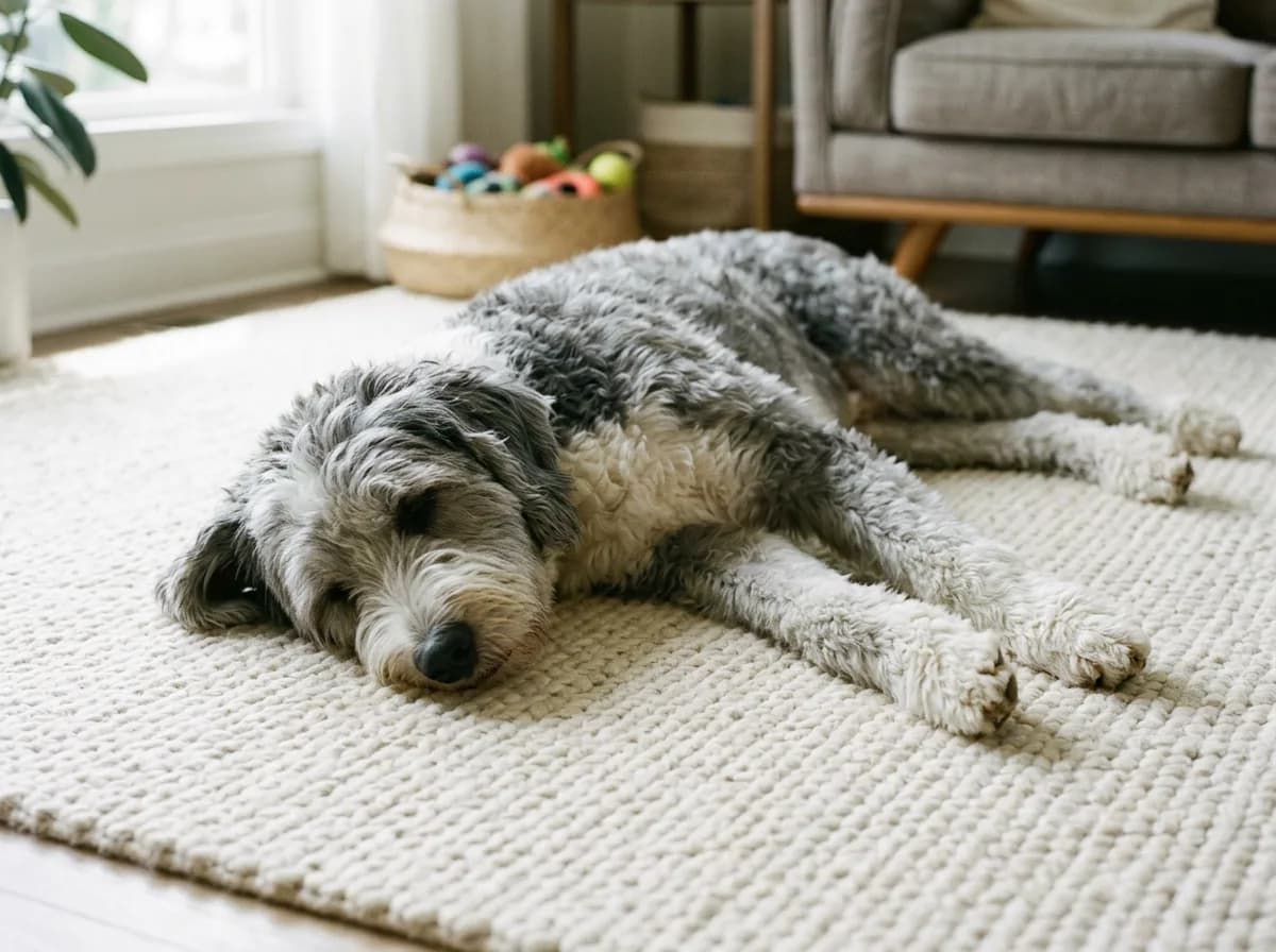 Grey and white Sheepadoodle stretched out asleep on a pale wool living room rug