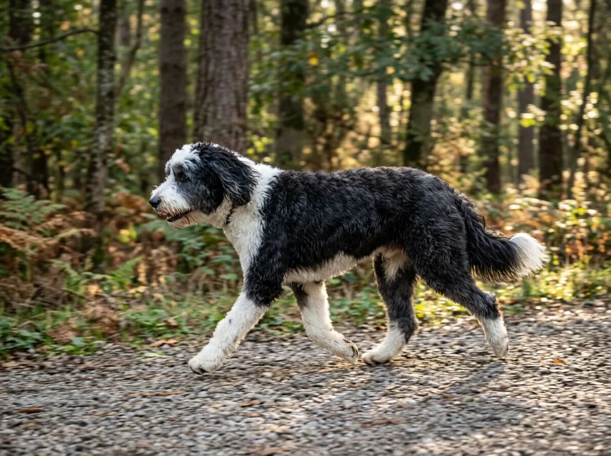 Black and white Sheepadoodle trotting along a gravel woodland trail in morning light
