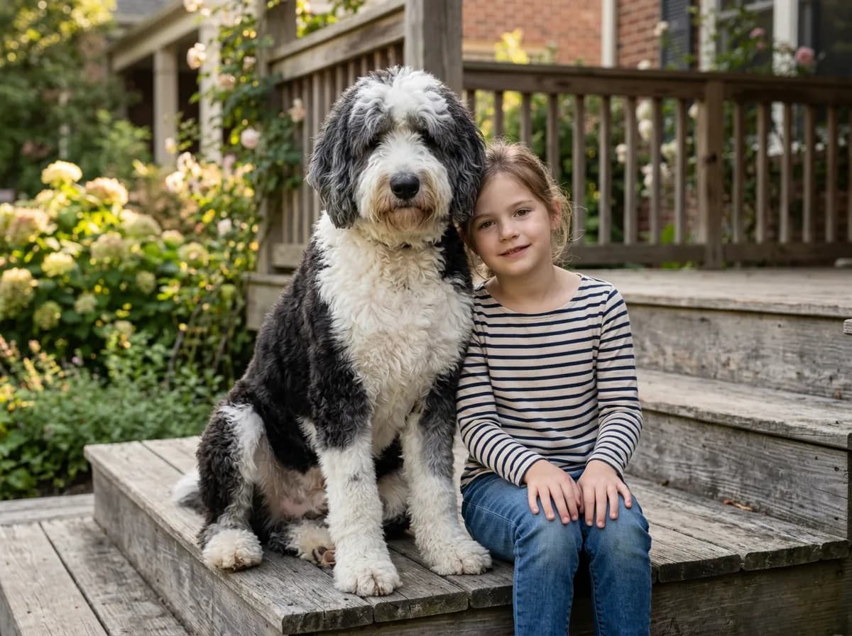 Shaggy Sheepadoodle sitting beside a school age child on weathered wooden porch steps