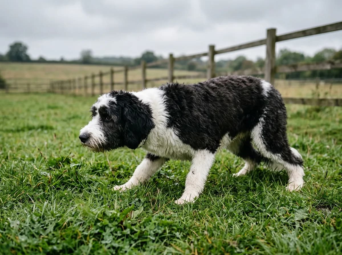 Young Sheepadoodle crouched low in herding posture on grass in a fenced paddock