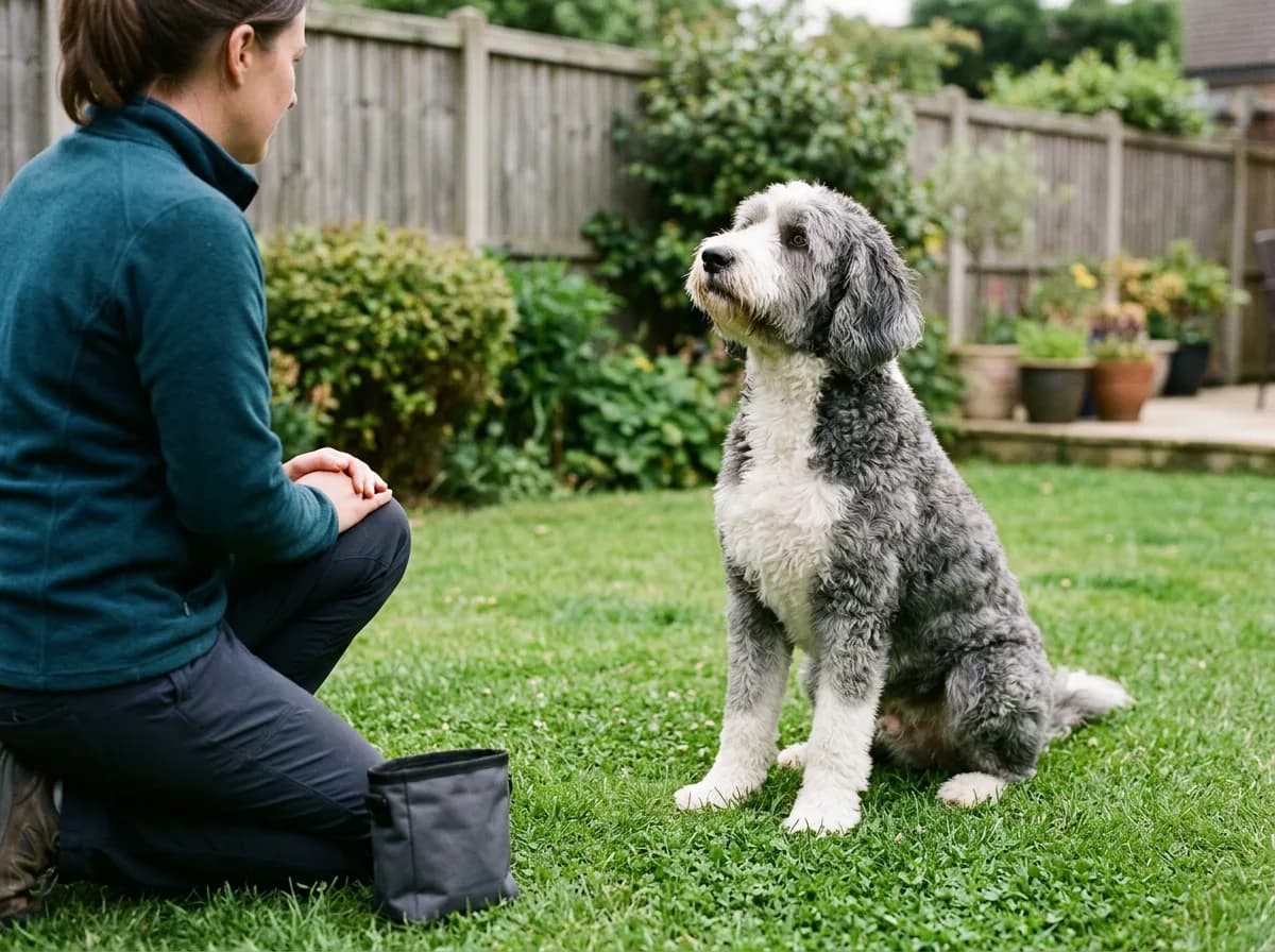 Woman kneeling on grass rewarding a grey and white Sheepadoodle during a training session