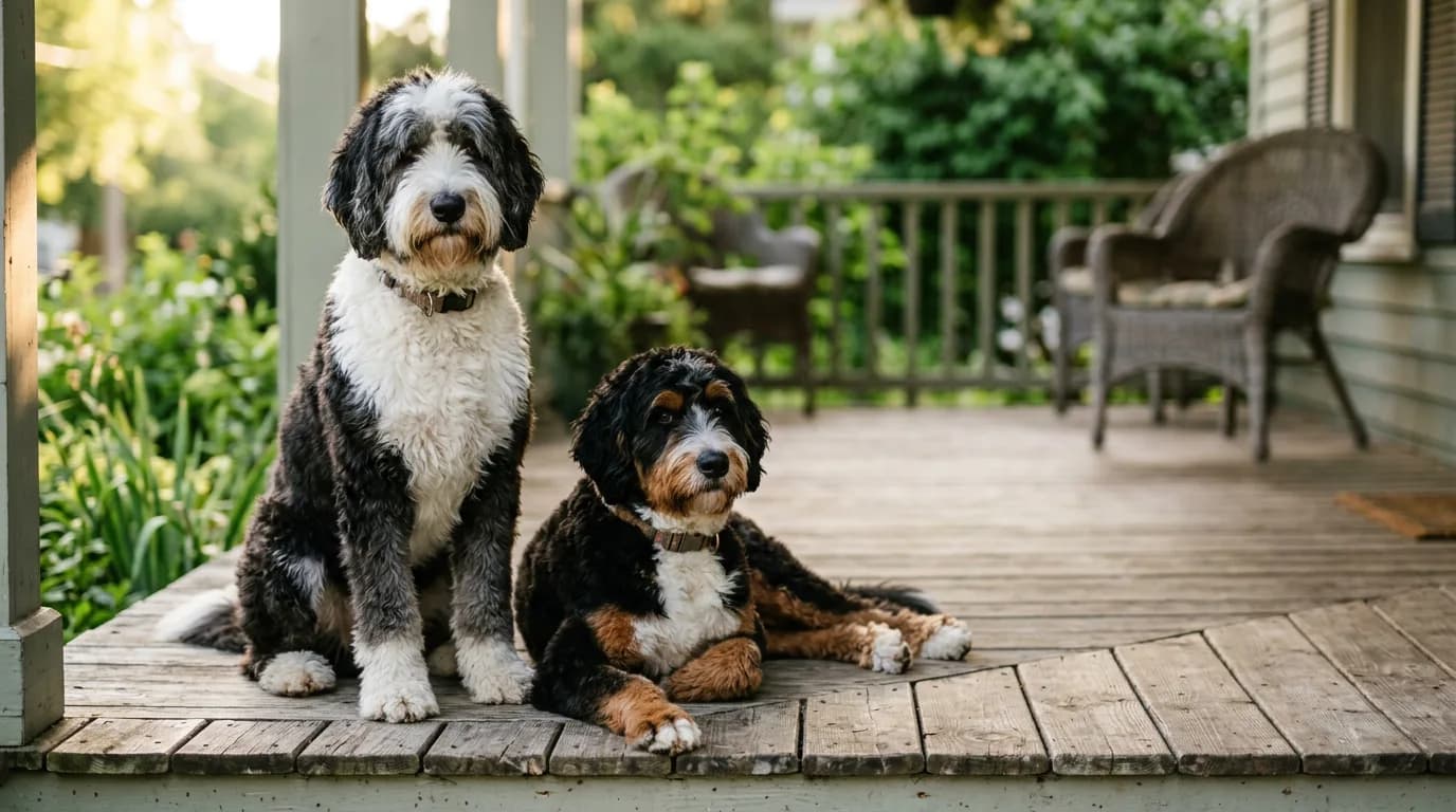 Black and white Sheepadoodle sitting beside a tricolour Bernedoodle lying on a porch deck