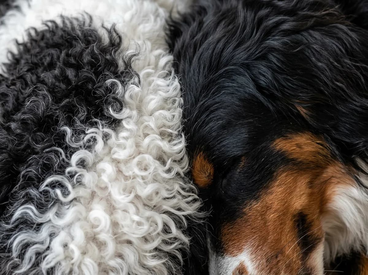 Curly black and white Sheepadoodle coat pressed against a black and rust Bernedoodle coat