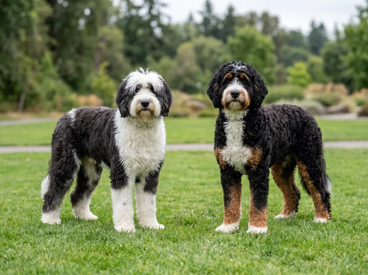 Sheepadoodle and rust marked Bernedoodle standing side by side on a mown park lawn