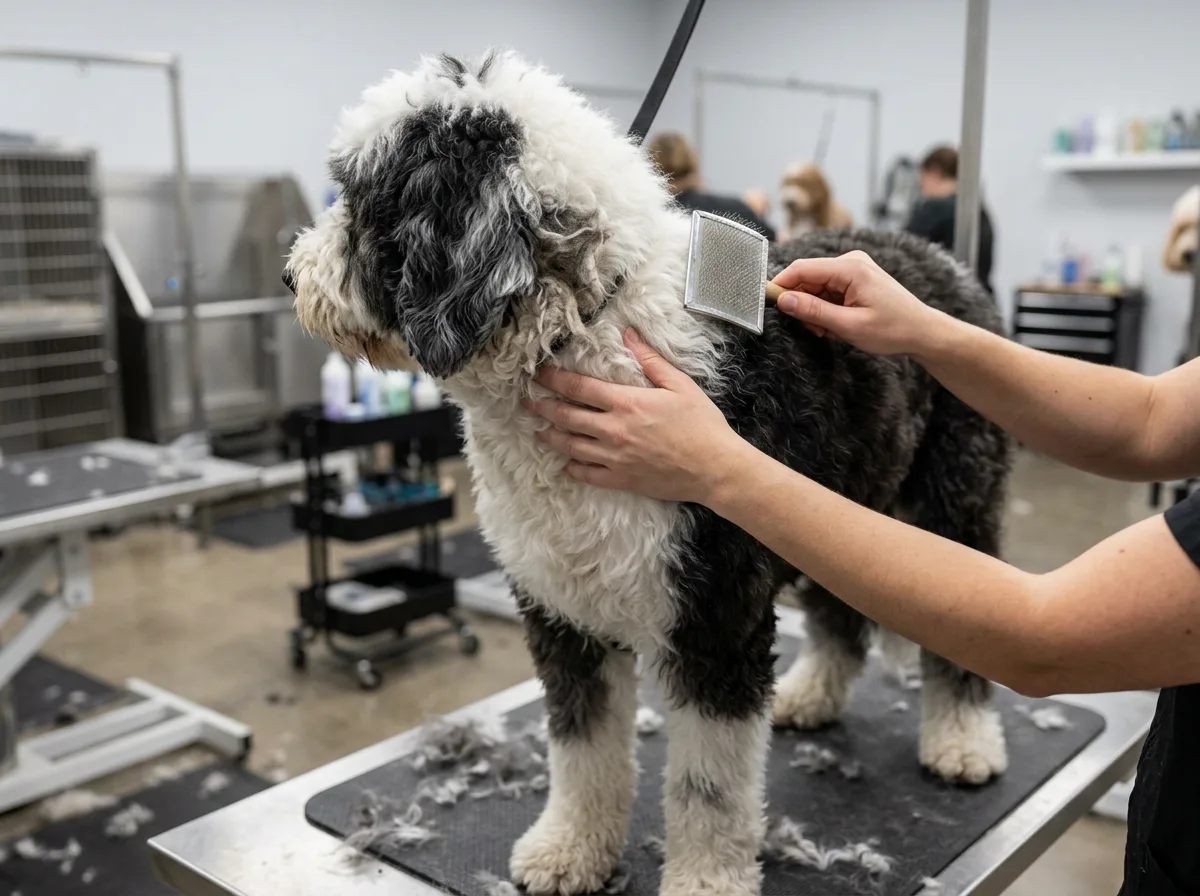 Groomer brushing a black and white Sheepadoodle standing on a salon grooming table