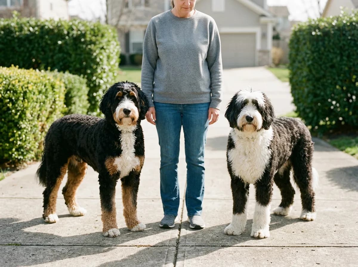 Woman standing between a tricolour Bernedoodle and a black and white Sheepadoodle on a driveway