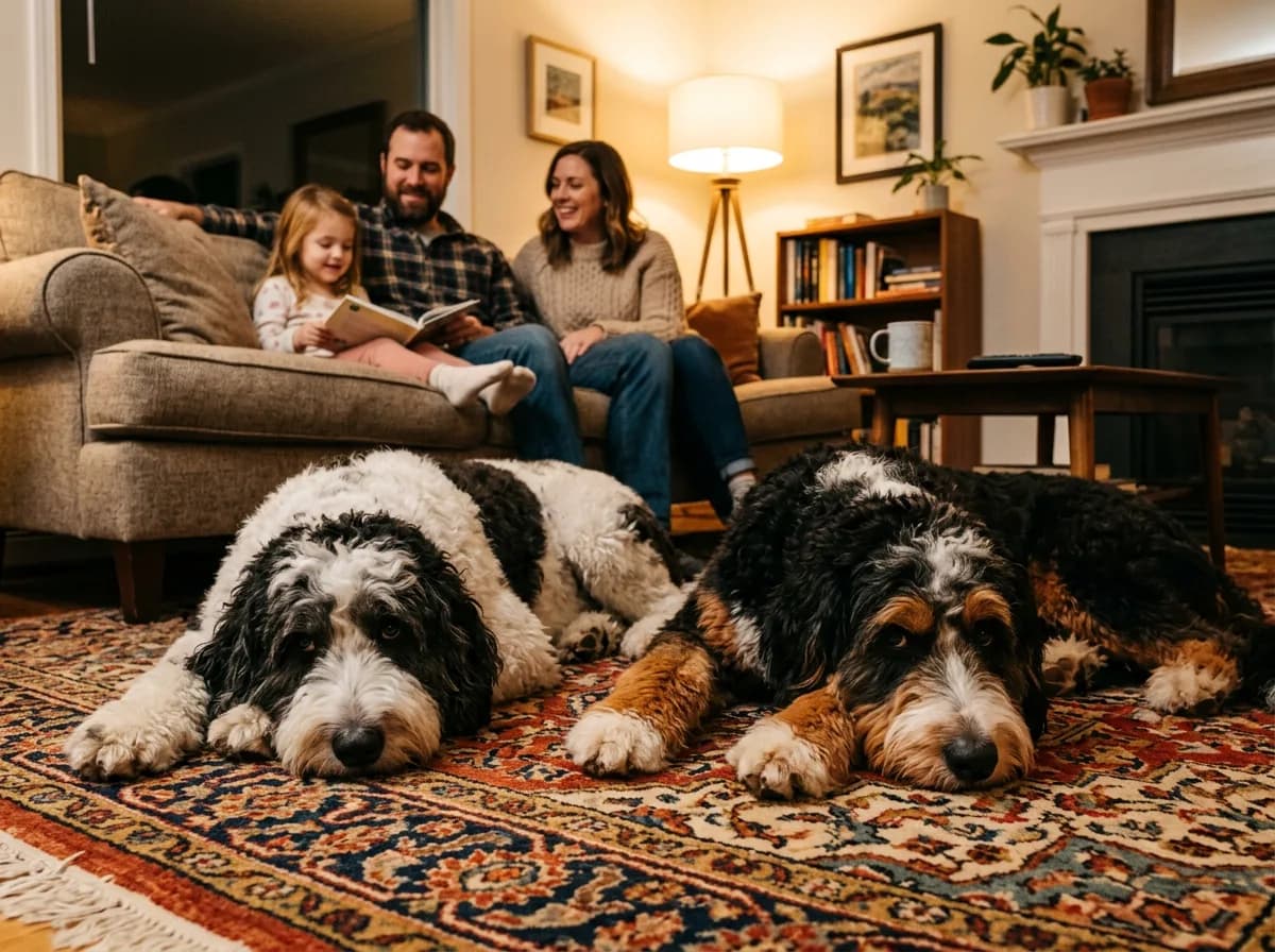 Black and white Sheepadoodle and copper marked Bernedoodle resting on a patterned rug as a family reads nearby