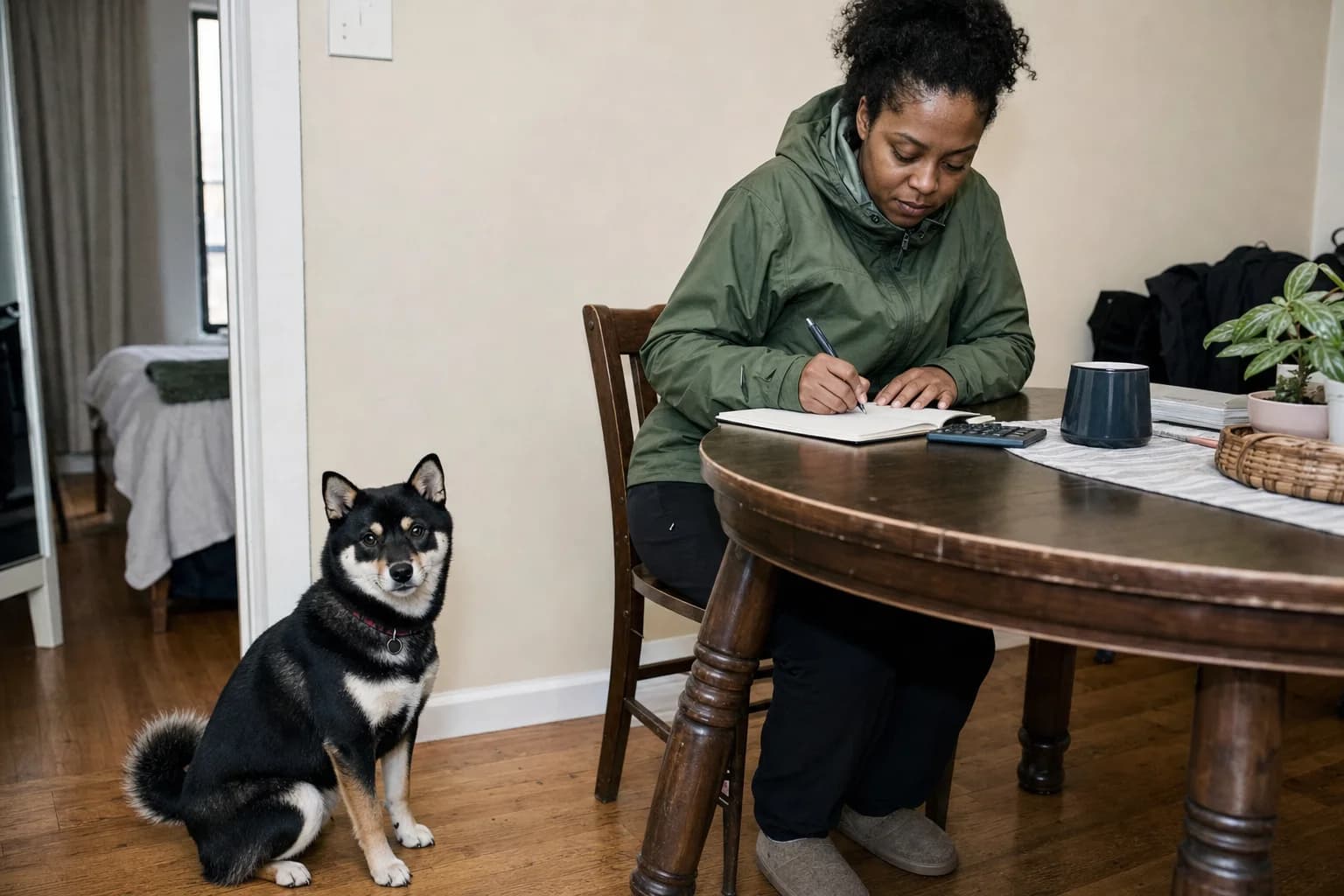 Black-and-tan Shiba Inu beside an owner writing in a household budget notebook