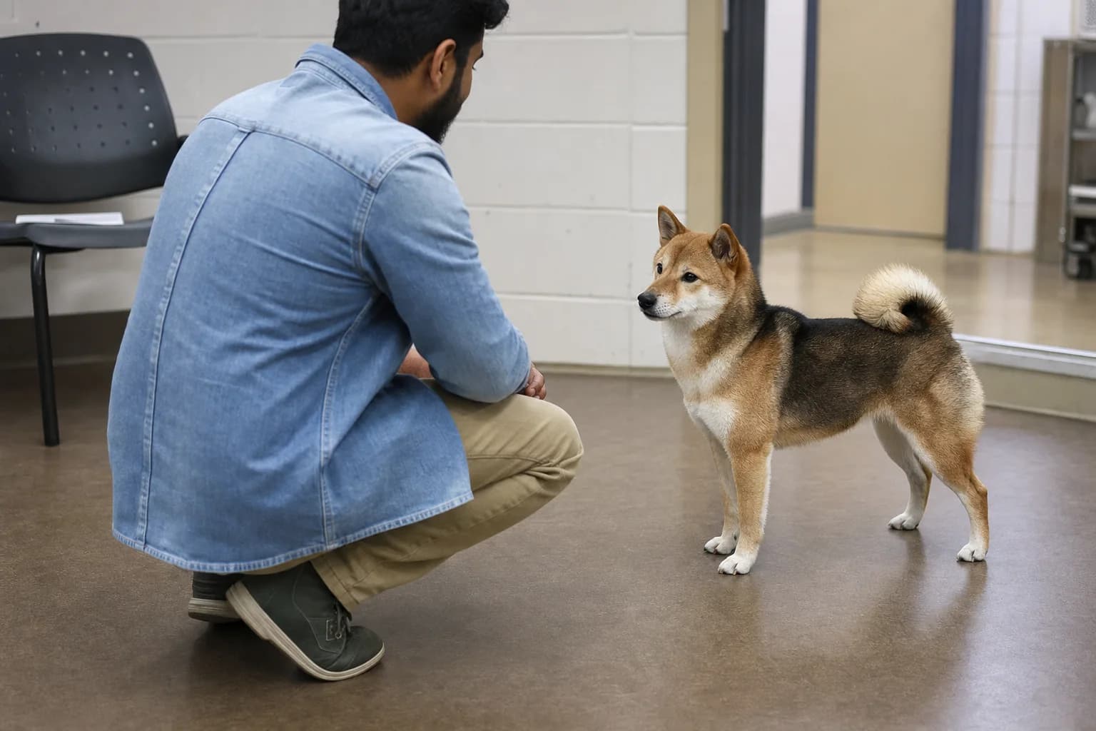Man crouching at a calm meet-and-greet with a sesame Shiba Inu in a plain indoor room