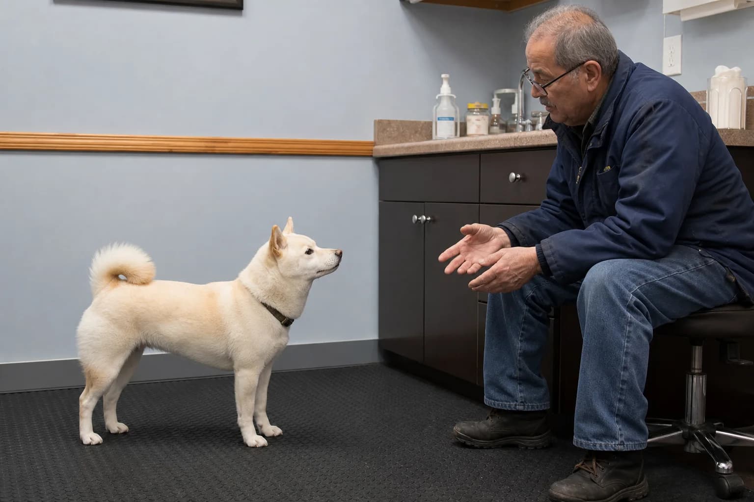 Cream Shiba Inu standing beside its owner during a calm veterinary clinic conversation