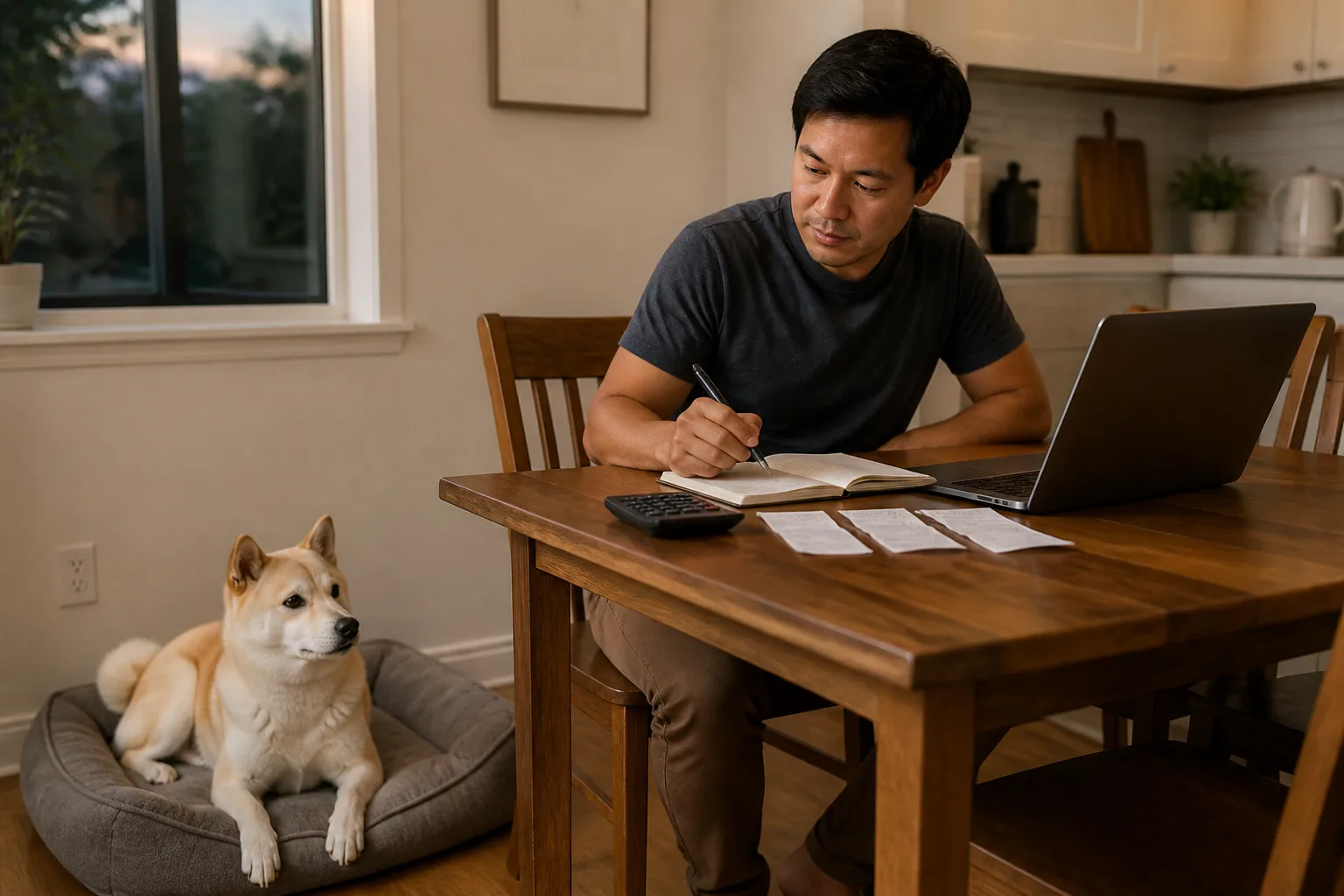 Owner reviewing recurring pet expenses while a cream Shiba Inu rests on a bed nearby