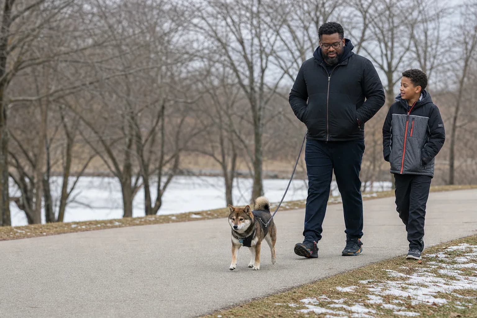 Mature Shiba Inu walking with a father and child on a winter park path