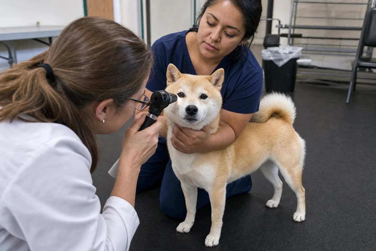 Veterinarian checking a cream Shiba Inu's eye while a technician holds the dog