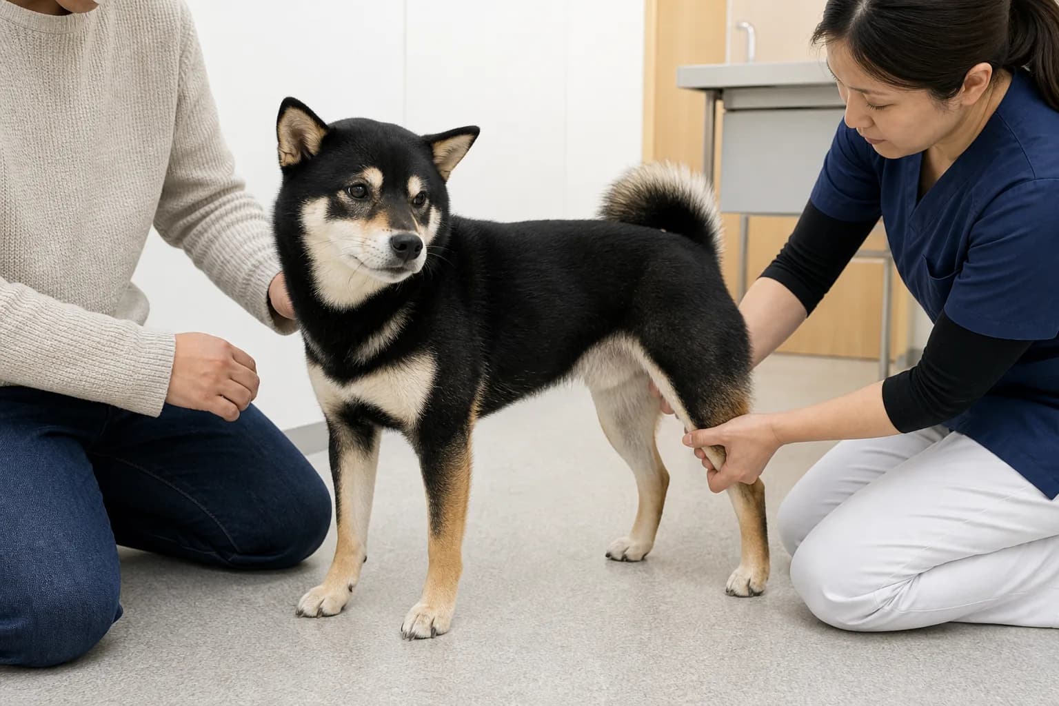 Veterinary professional performing a calm mobility check on a black-and-tan Shiba Inu