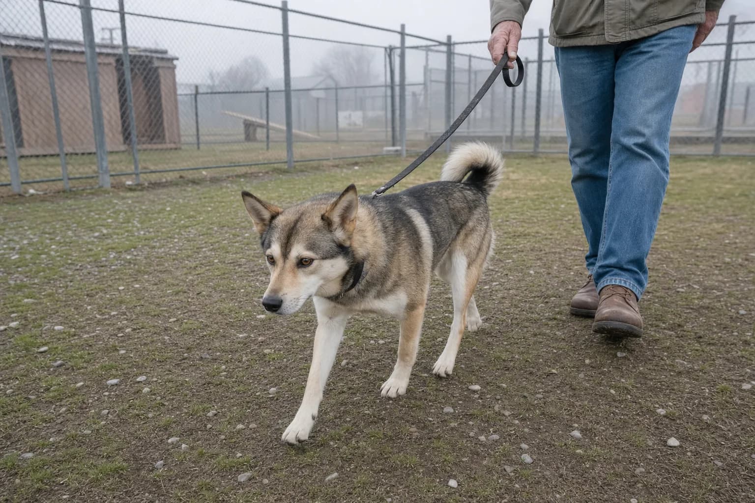 Gray sable mixed-breed dog walking on leash through a shelter exercise yard
