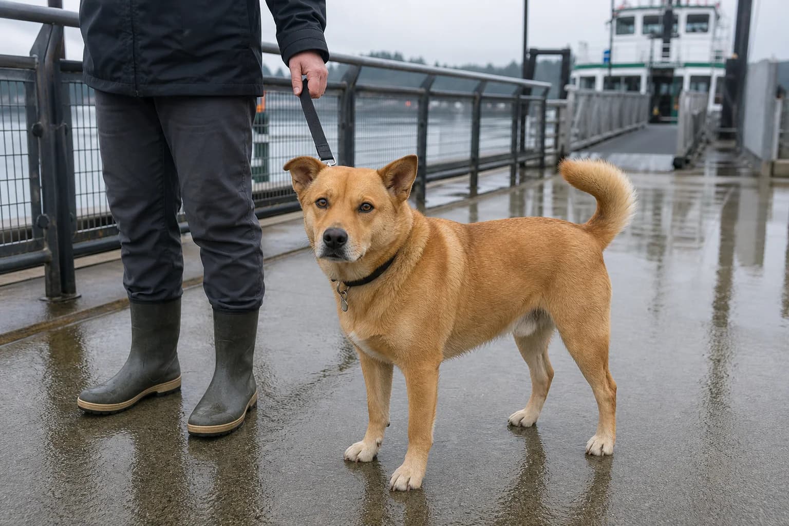 Reddish-gold mixed-breed dog standing beside a handler on a wet ferry walkway