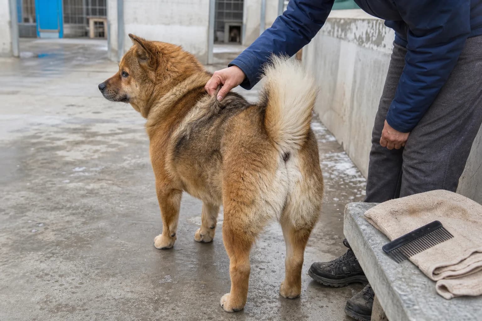 Sable mixed-breed dog having its dense shoulder coat checked in a shelter courtyard