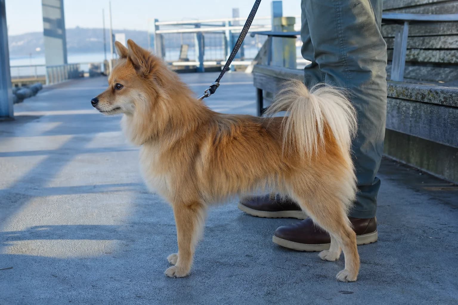 Small long-coated mixed-breed dog standing beside a handler at a ferry terminal