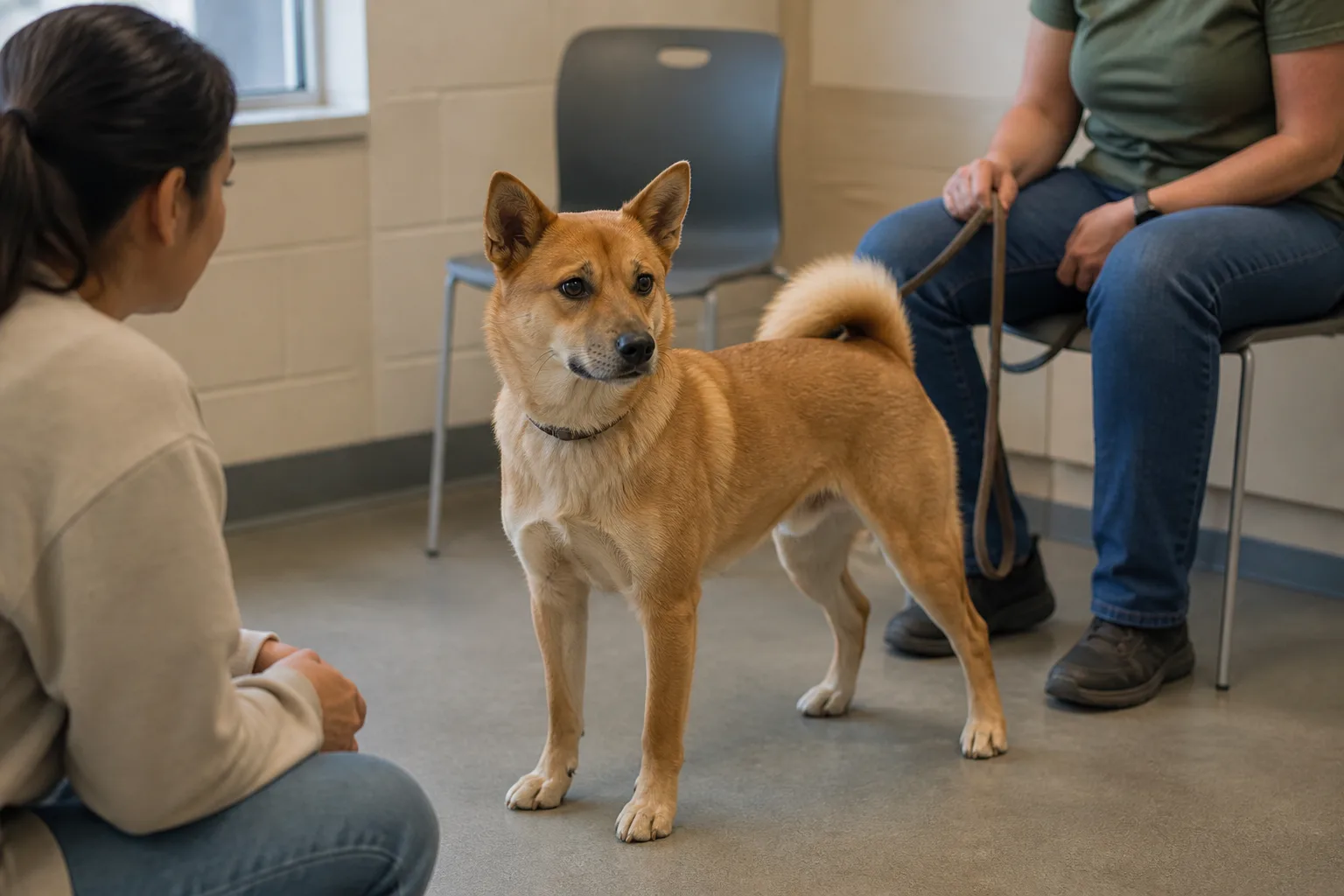 Prospective adopter observing an individual Shiba Inu mix during a calm shelter meeting