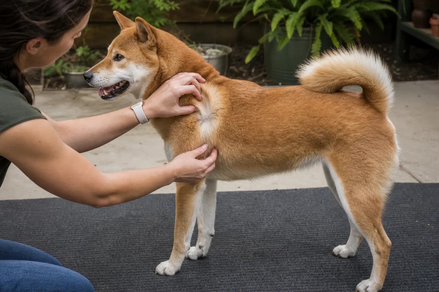 Caregiver checking the coat and body condition of a Shiba Inu mix on a nonslip mat