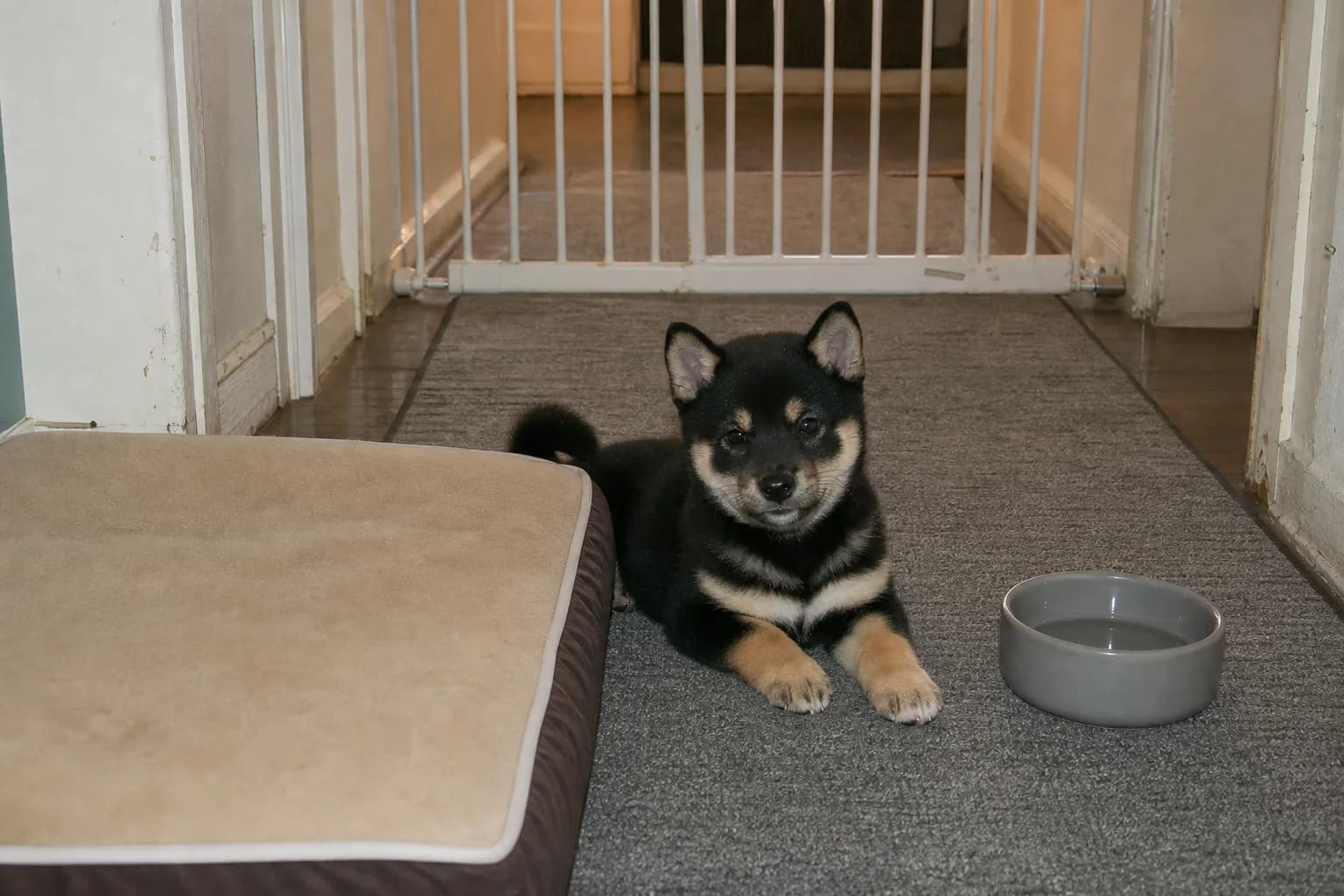 Black-and-tan Shiba Inu puppy resting beside a bed and water bowl in a gated foyer