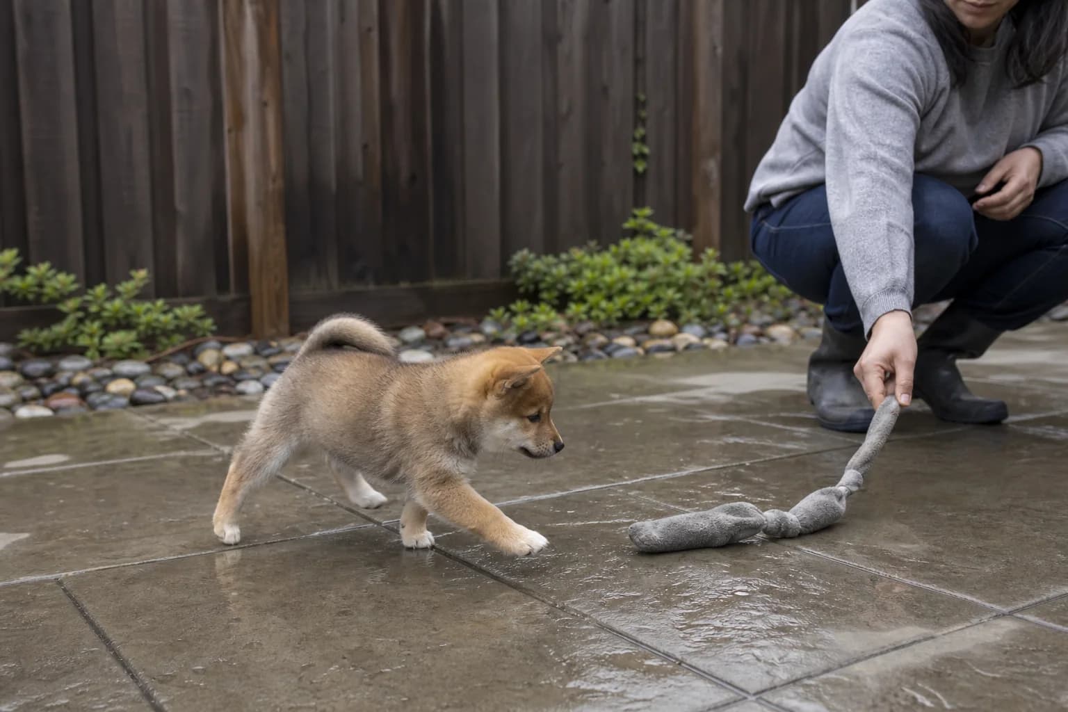 Shiba Inu puppy trotting after a soft tug toy on a wet enclosed patio