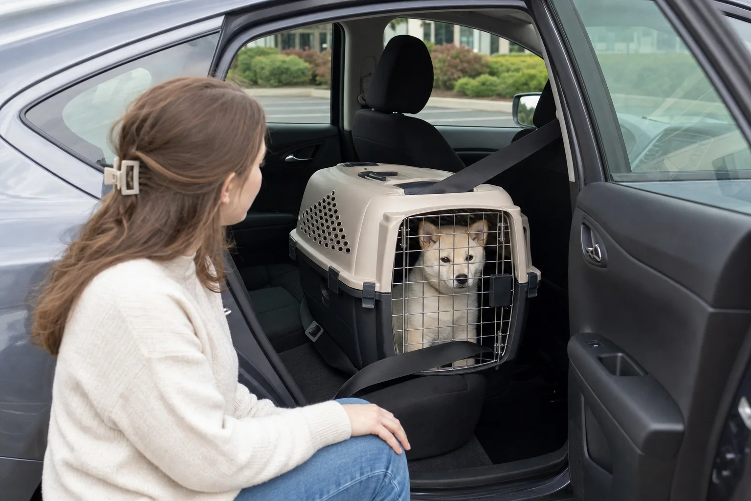 Cream Shiba Inu puppy inside a latched carrier secured with a seat belt in a parked car