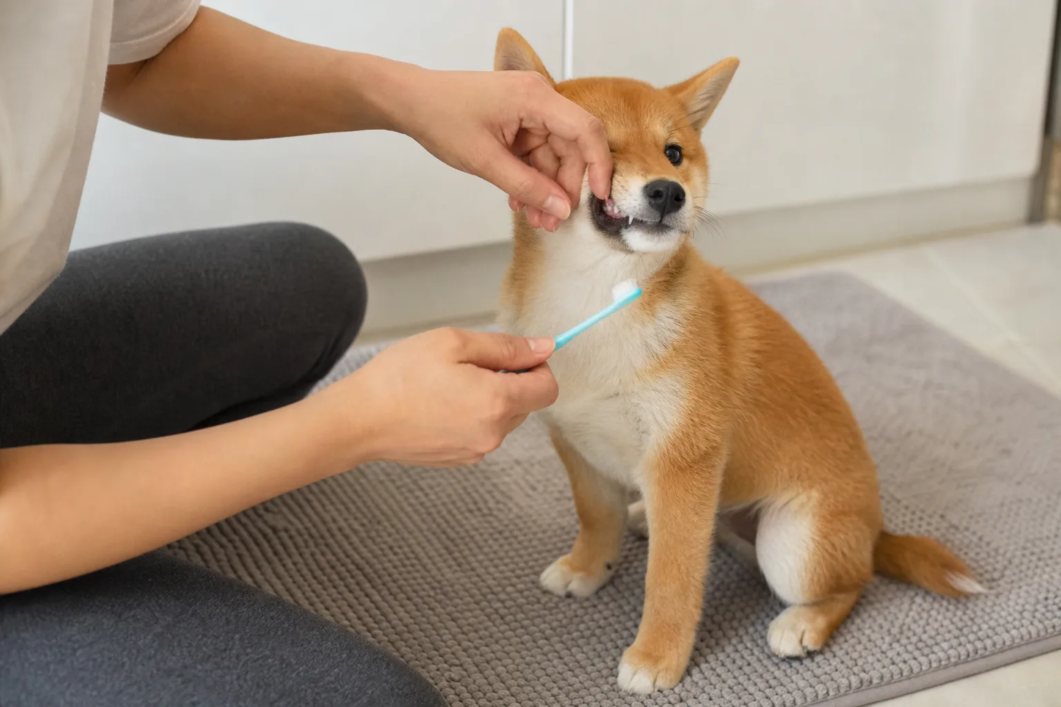 Caregiver gently practicing a lip lift and toothbrush introduction with a Shiba Inu puppy